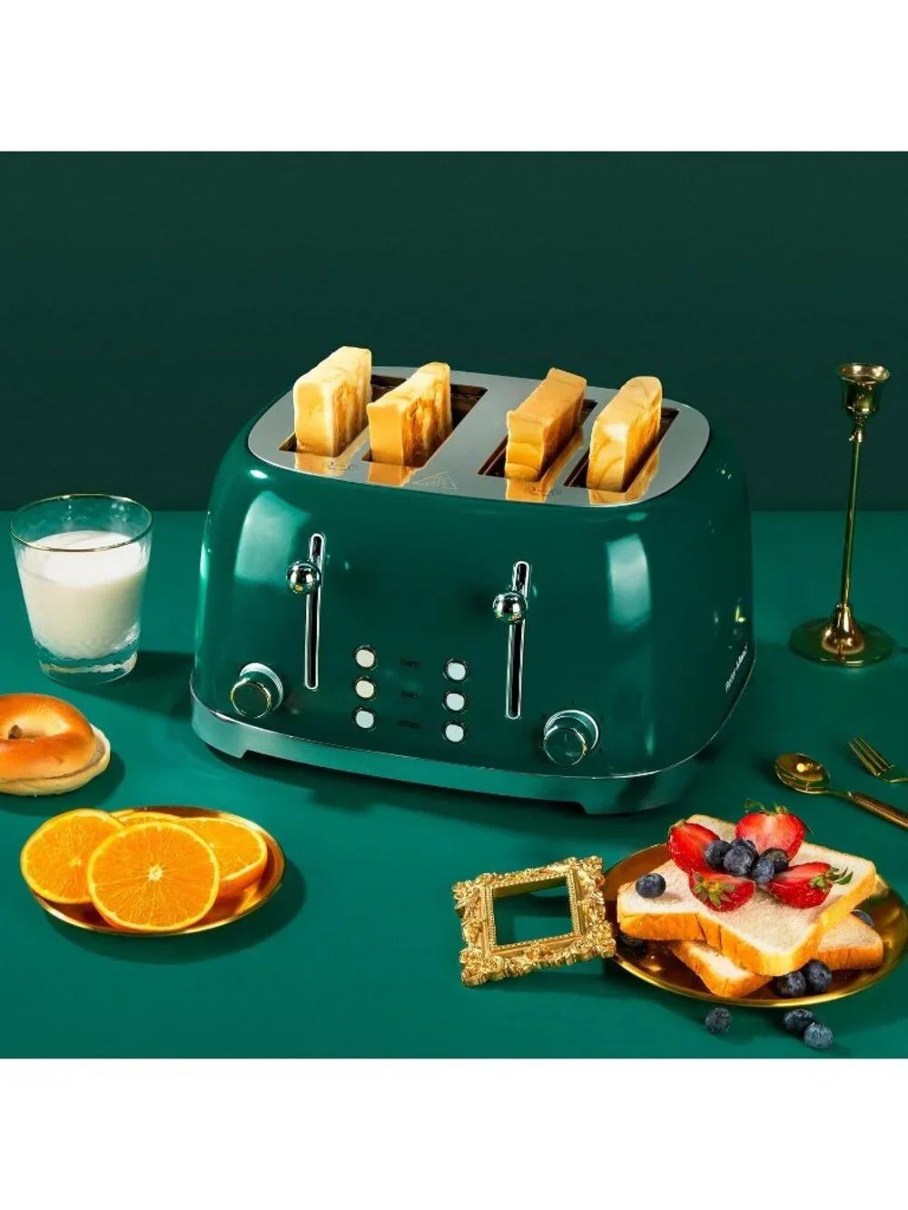 4 Slice Green Retro Stainless Steel with Bagel Defrost Cancel Function Toaster